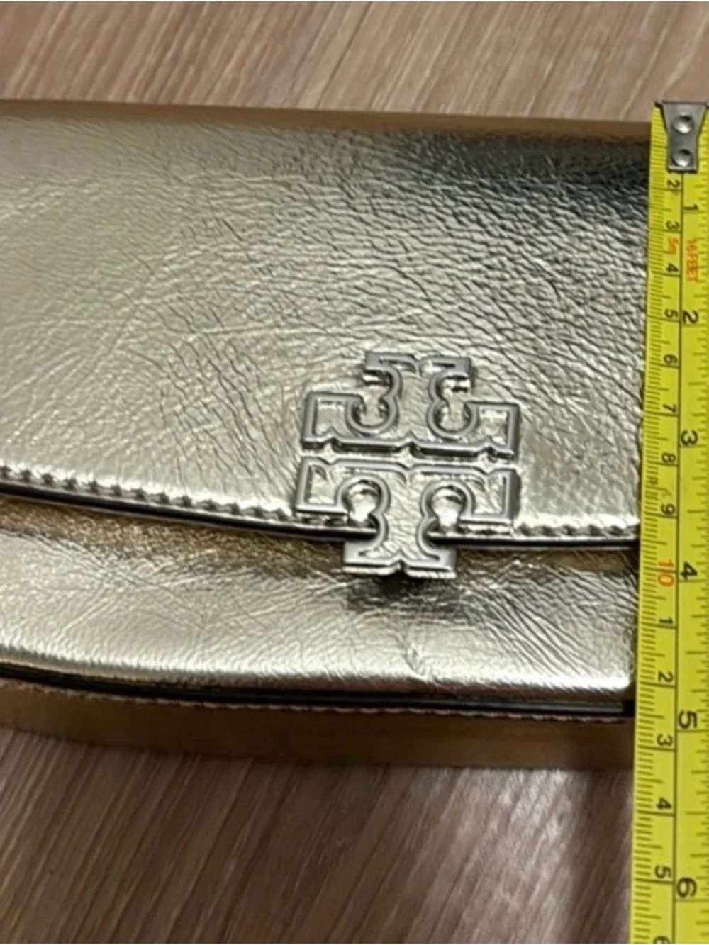 Tory Burch Metallic Gold Leather Clutch with Logo Hardware